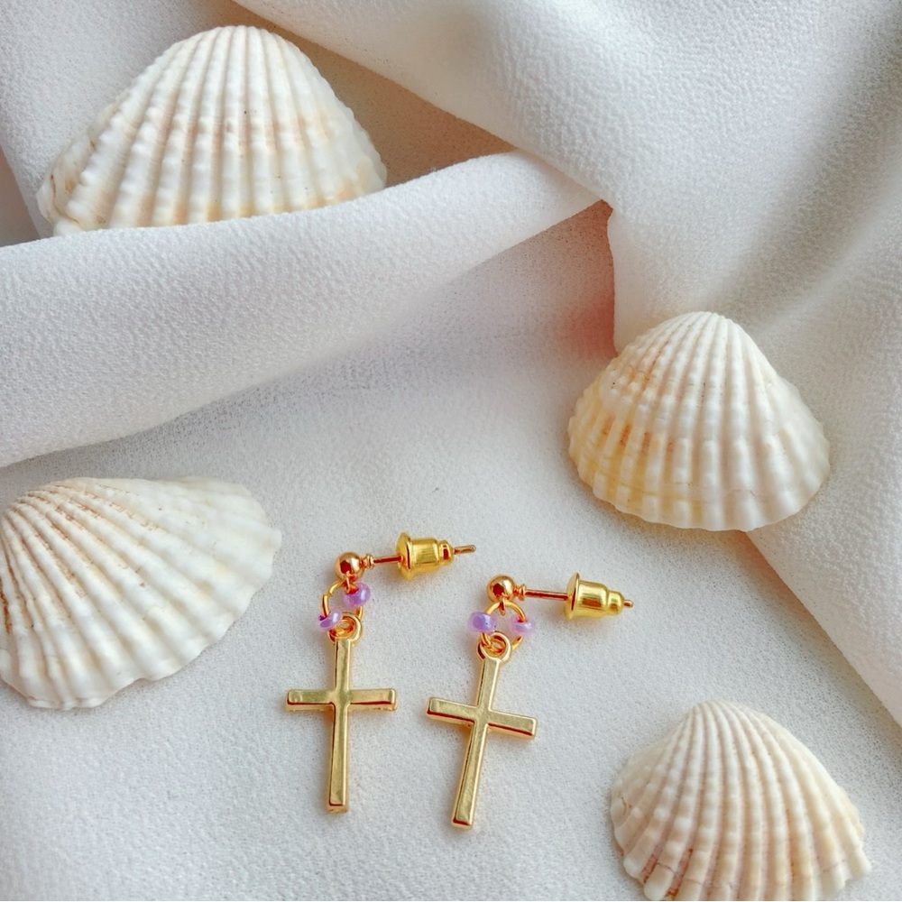 ❤️2for$12 gold purple cross dangle earrings